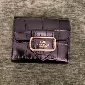 Coach Black Croc-Embossed Wallet with Gold Accent